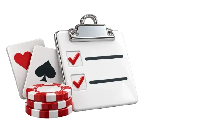 Checkliste mit Spielkarten und Casinochips.