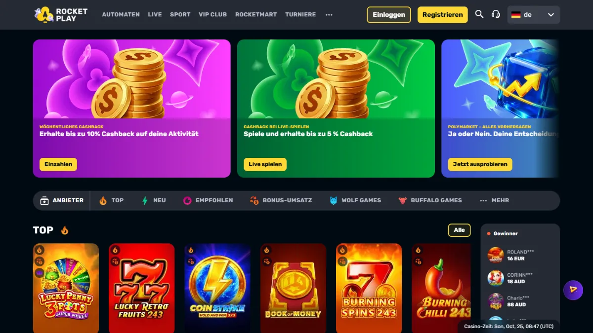 Screenshot der RocketPlay-Casino-Startseite am 25. Oktober 2026, aufgerufen aus Österreich
